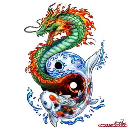 Colored Dragon And Koi Tattoos Design