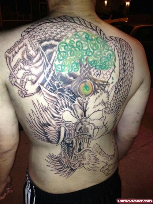 Celtic Tree And Dragon Tattoo On Back Body