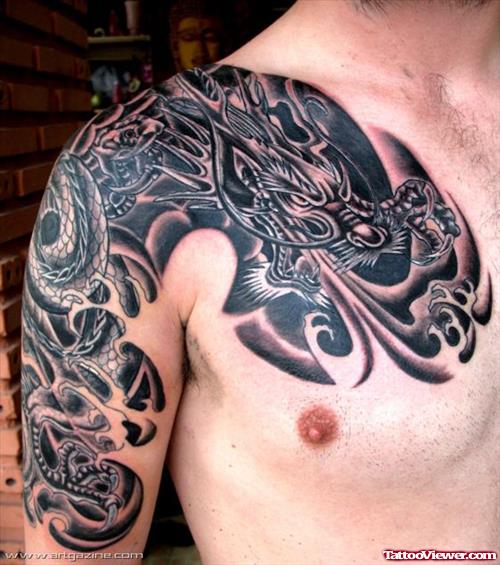 Black Ink Dragon Tattoo On Chest and Half Sleeve