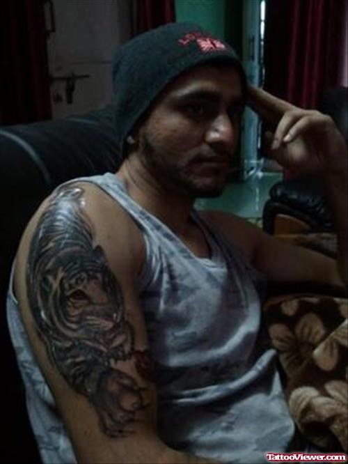 Amazing Grey Ink Dragon Tattoo On Right Sleeve