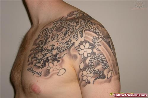 Left Shoulder Grey Ink Japanese Dragon Tattoo
