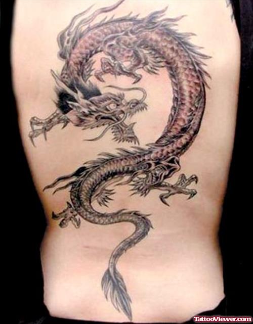 Inspiring Grey Ink Dragon Tattoo On Back Body