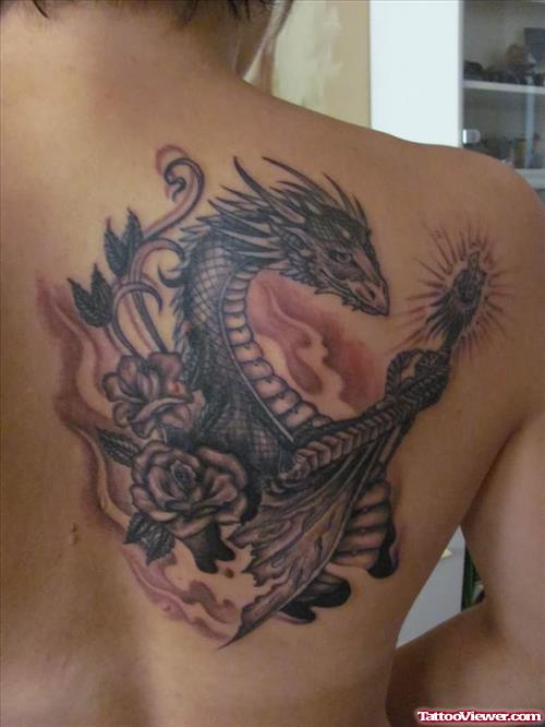 Grey Ink Rose Flower And Dragon Tattoo On Back