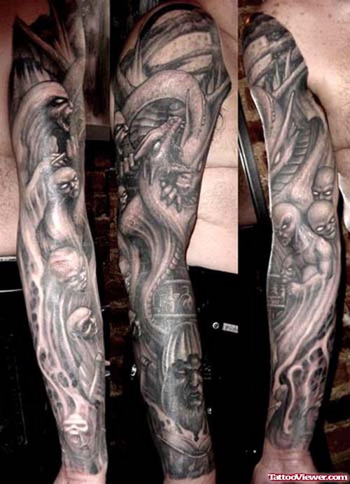Grey Ink Dragon Sleeve Tattoo