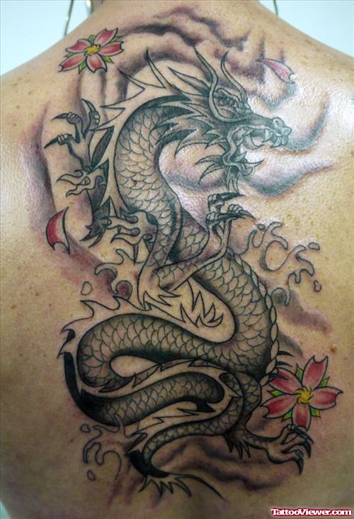 Grey Ink Chinese Dragon Tattoo On Back