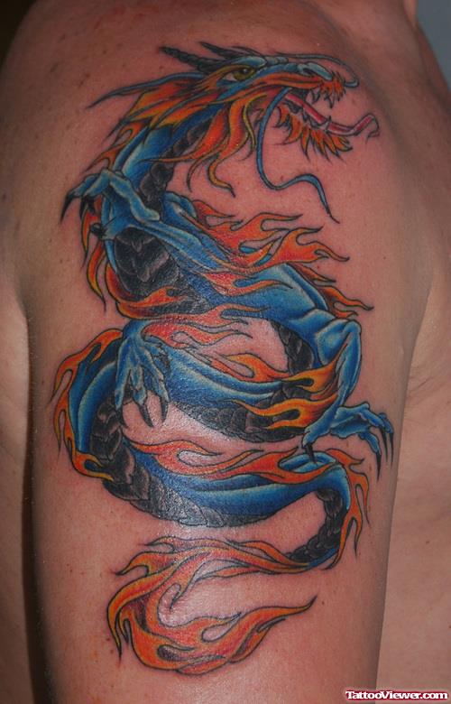 Colored Dragon Tattoo On Left Half SLeeve