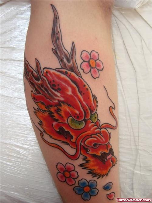 Color Flowers And Dragon Tattoo On Leg