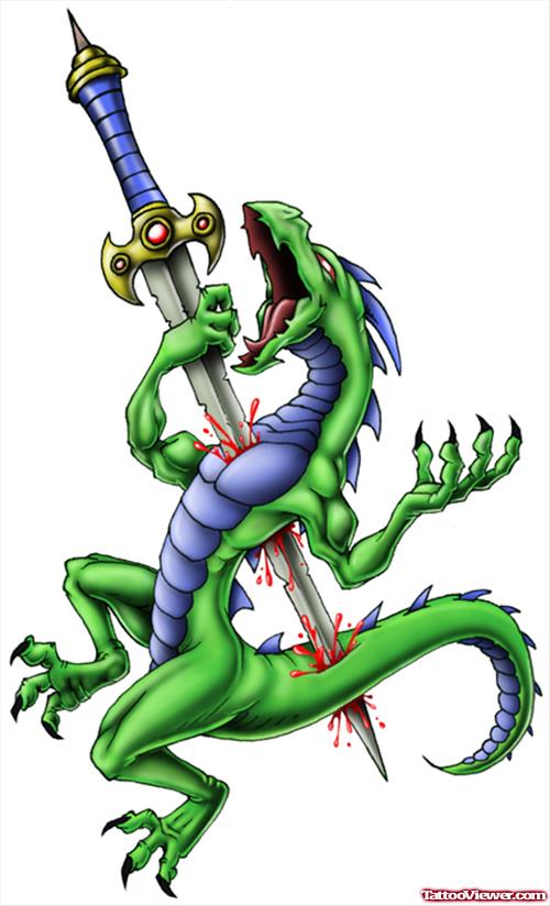 Color Dragon With Dagger Tattoo Design