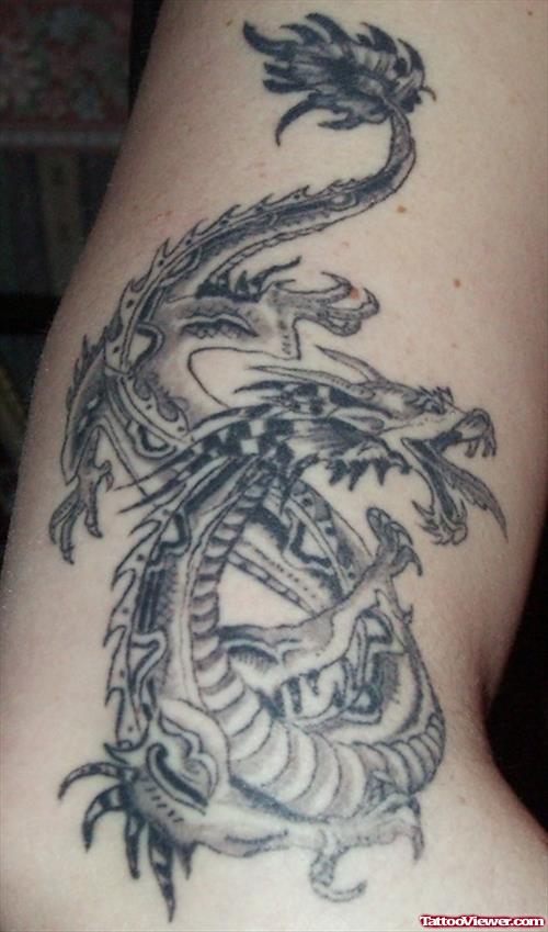 Best Grey Ink Dragon Tattoo On Right Sleeve