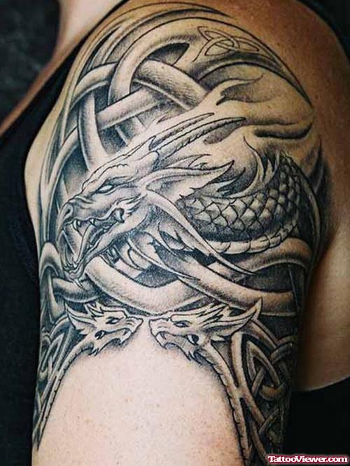 Best Grey Ink Dragon Tattoo On Left Shoulder