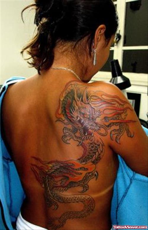 Attractive Colored Dragon Tattoo On Girl Back Body