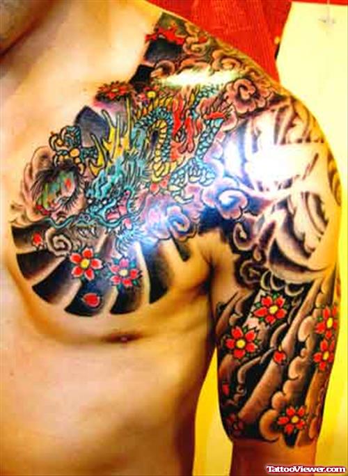 Japanese Dragon Tattoo On Chest And Half Sleeve
