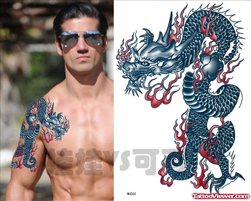 Colored Dragon Tattoo On Man Right Shoulder