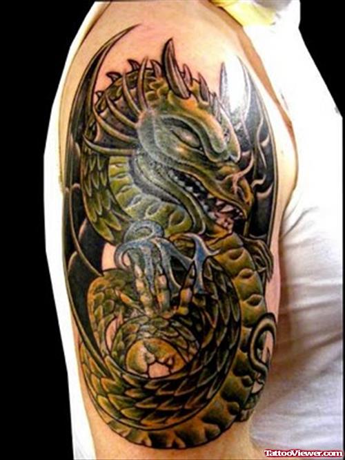 Color Ink Dragon Tattoo On Right Half Sleeve