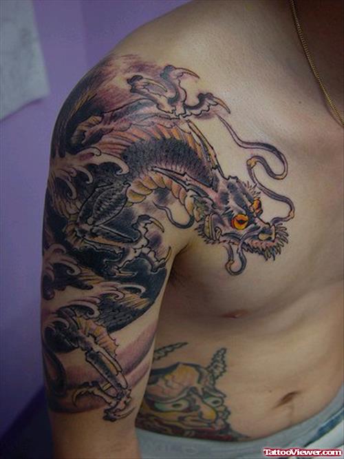 Attractive Japanese Dragon Tattoo On Chest And Half Sleeve