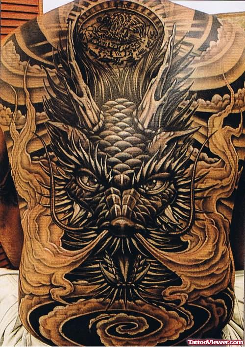 Amazing Grey Ink Dragon Tattoo On Back Body