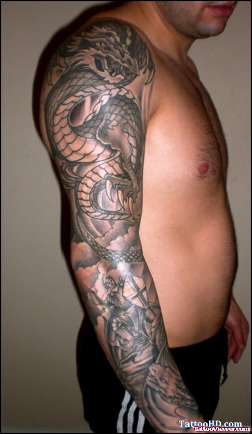 Right Sleeve Grey Ink Dragon Tattoo For Men