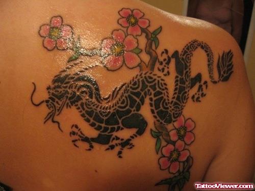 Red Flowers And Dragon Tattoo On Right Back Shoulder