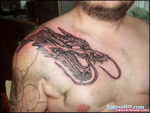 Grey Ink Dragon Tattoo On Right Collarbone