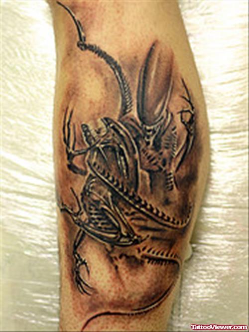Grey Ink Dragon Tattoo On Leg