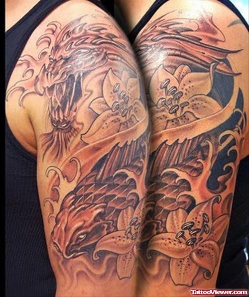 Grey Ink Dragon And Flower Tattoo On Left Half Sleeve