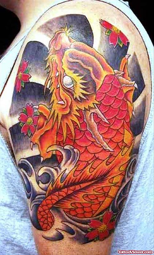 Dragon Koi Tattoo On Left Shoulder