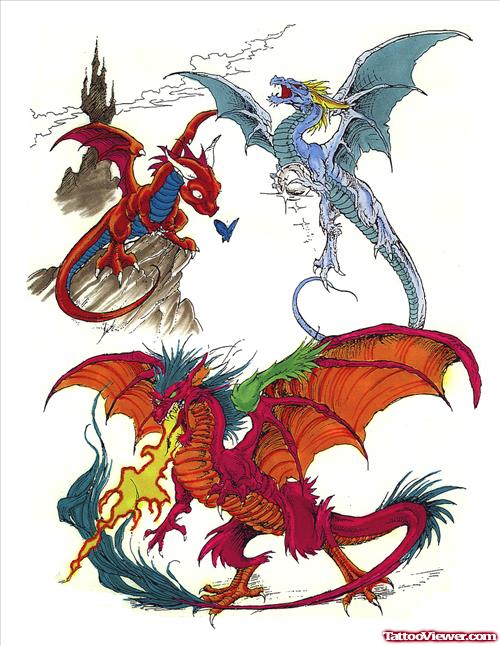 Colored Flying Dragons Tattoos Design