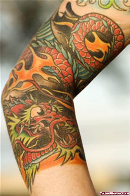 Colored Ink Chinese Dragon Tattoo On Right Sleeve