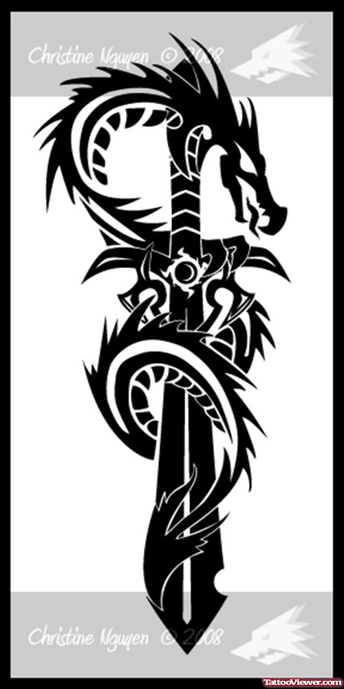 Black Ink Dragon And Dagger Tattoo Design