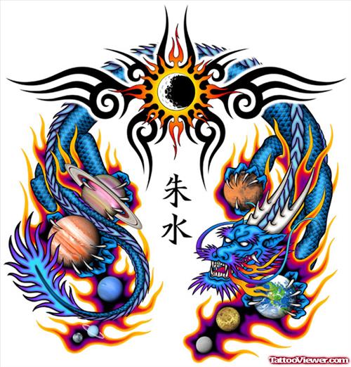 Tribal And Colored Dragon Tattoos Design