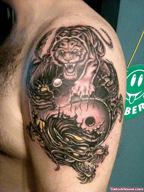Tiger and Dragon Yin Yang Tattoo On Left shoulder