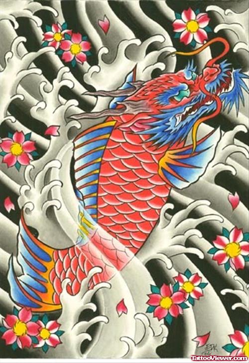 Japanese Flowers And Dragon Koi Tattoo Design