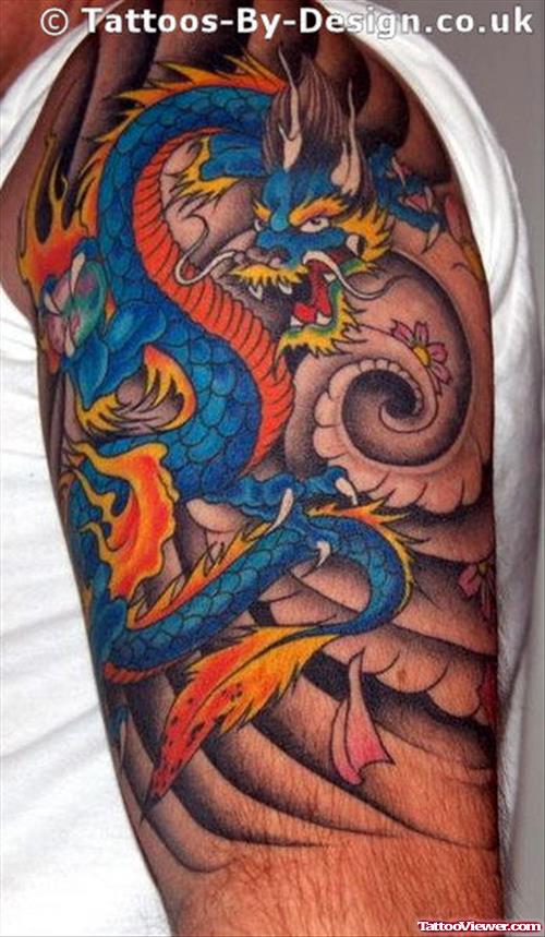 Japanese Blue Dragon Tattoo On Half Sleeve