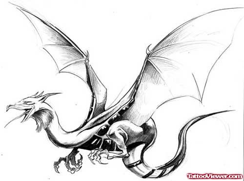 Grey Ink Flying Dragon Tattoo Design