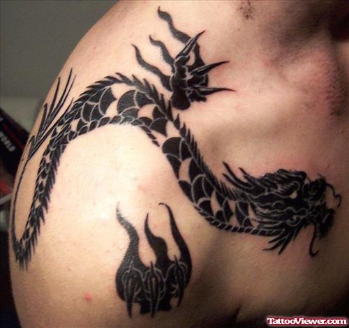 Dragon Tattoo On Chest And Shoulder