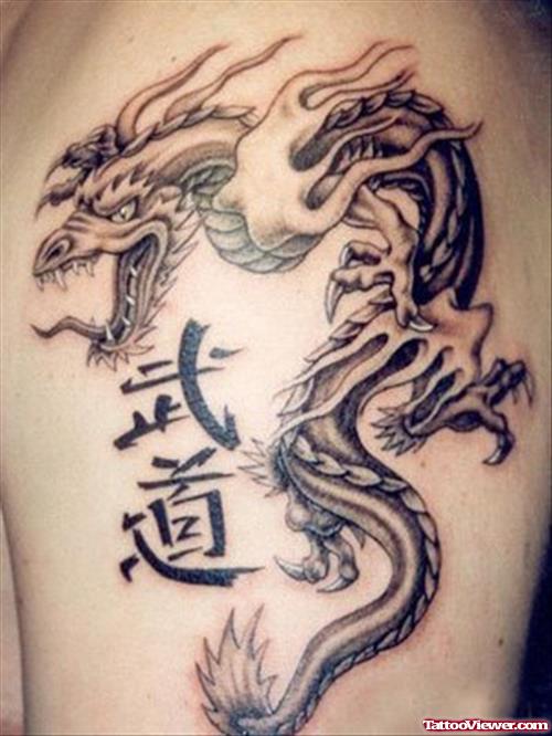 Chinese Grey Ink Dragon Tattoo On Left Half Sleeve