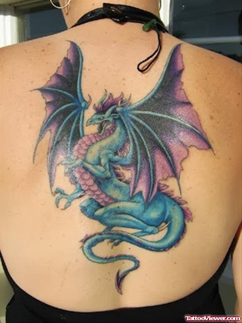 Blue Ink Dragon Tattoo On Upperback