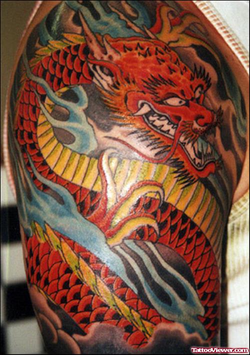 Attractive Colored Dragon Tattoo On Right Half Sleeve