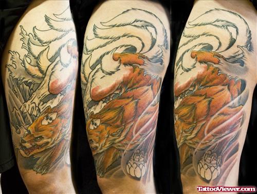 Color Wolf Dragon Tattoo On Half Sleeve