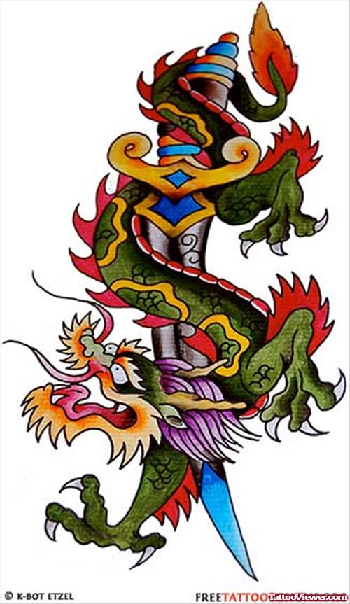 Colored Dragon And Sword Tattoo Design