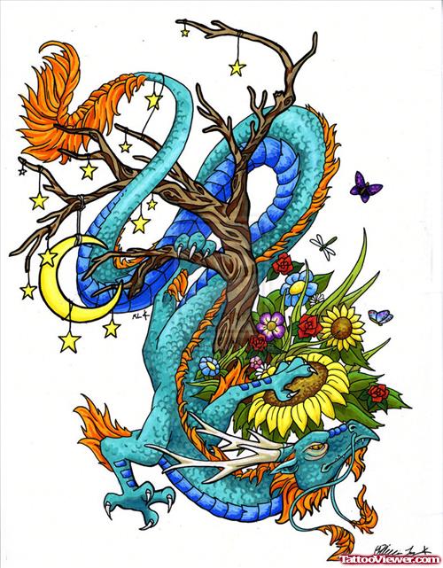 awesome Colored Dragon and Tree Tattoo Design