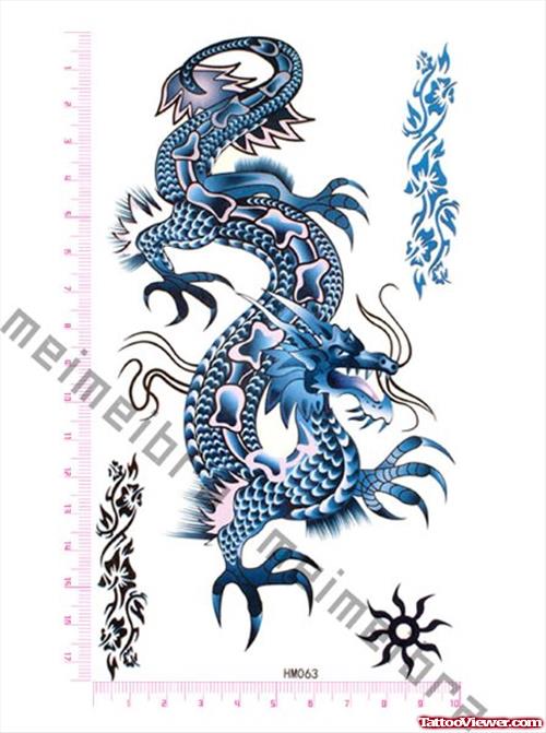 Attractive Blue Ink Dragon Tattoo Design