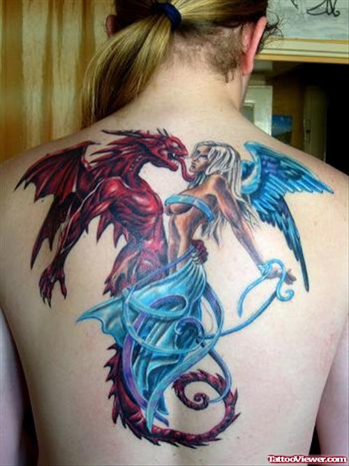 Red Dragon And Angel Girl Tattoos On Back