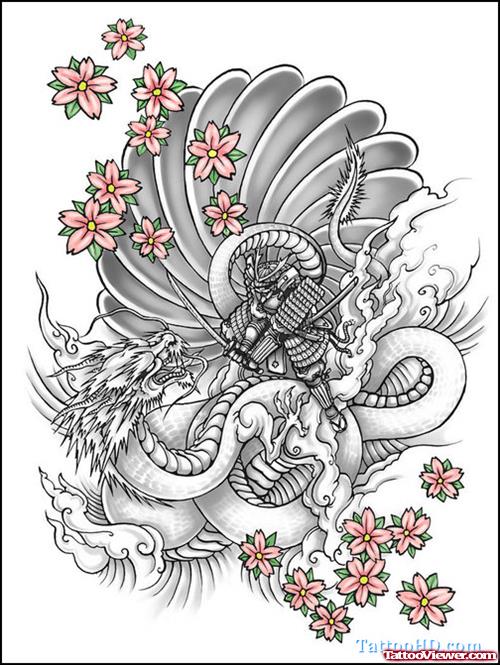 Flowers And Yin Yang Dragon Tattoo Design