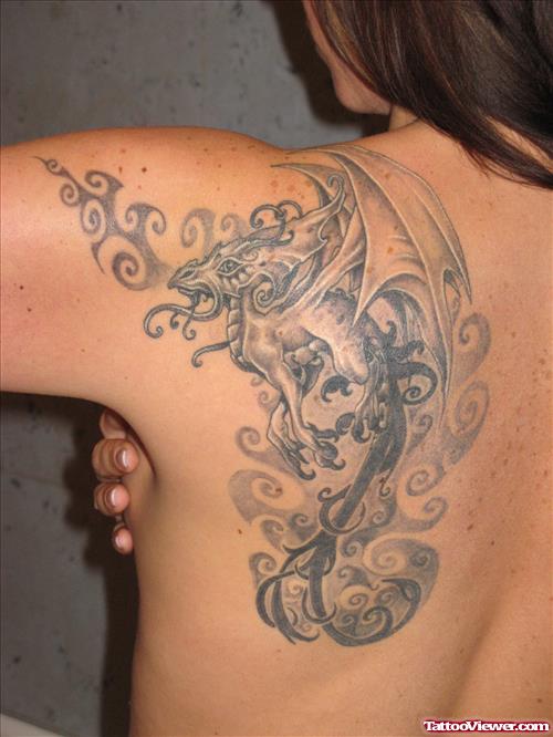 Woman With Dragon Tattoo On Left Back Shoulder