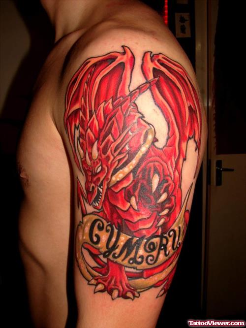 Red Ink Dragon With Banner Tattoo On Left Half Sleeve