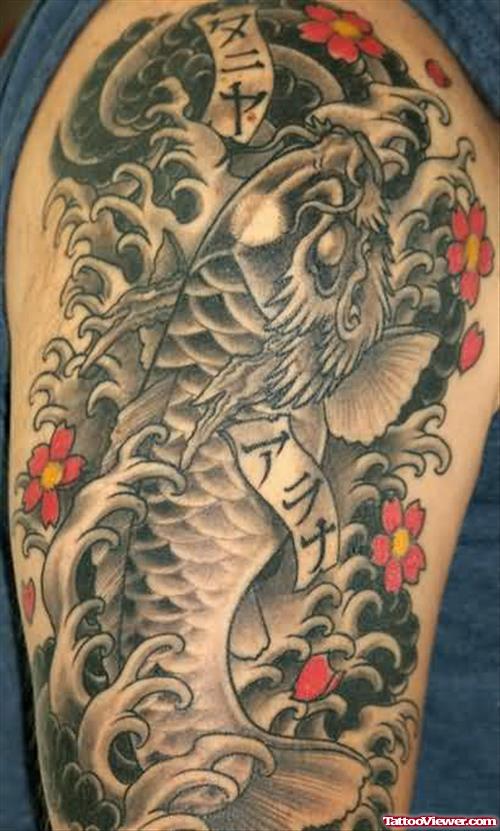 Half Sleeve Dragon And Flowers Tattoo