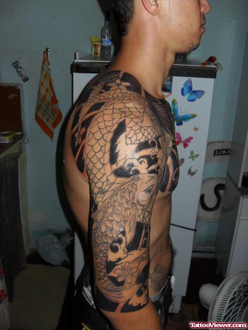 Grey Ink Dragon And Flowers Tattoo On Right Half Sleeve