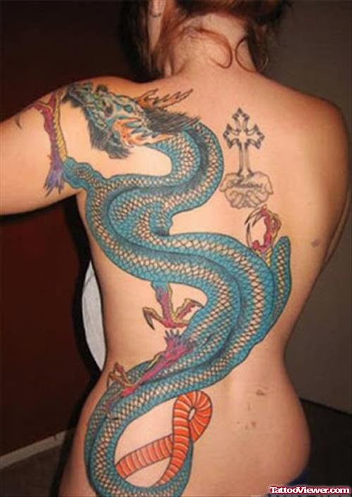 Girl Have Blue Dragon Tattoo On Back