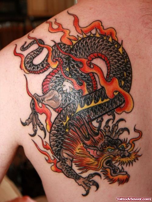 Flaming Dragon Tattoo On Back Shoulder